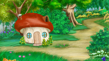 Fairy Tale Mushroom House in a Summer Forest