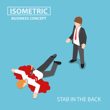 Isometric businessman is stabbed in the back by his colleague