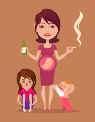 Bad pregnant drunk smoking mother with children characters. Vector flat illustration