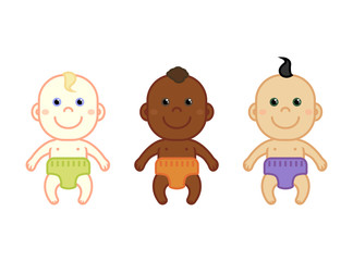 Set of cartoon multinational newborn babies. Different nationalities, race, ethnic. Flat vector illustration.