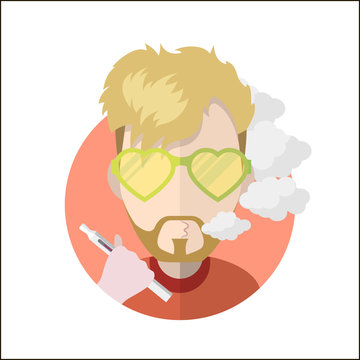 Avatar vape profile picture flat icon, vaping people character. Trendy beard and glasses.