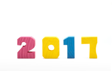 Colorful 2017 new year wood number isolated on white background
