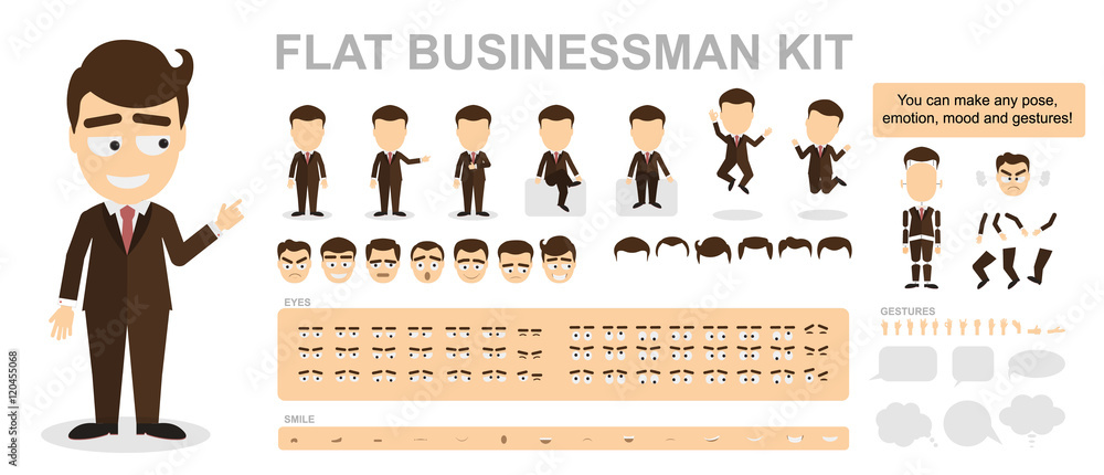 Wall mural flat businessman kit. you can make any pose, mood and gestures. funny cartoon office worker. creatin