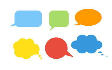 Colorful speech bubbles set on white background. Talk and think bubbles. Blue, green, yellow, red and orange icons.