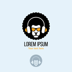 Lion head in orange sunglasses and headphones. Vector flat musical logo template isolated.