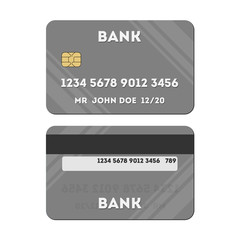 Isolated credit card. Silver credit or debit plastic card on white background. Two sides of card. Shopping with credit card.