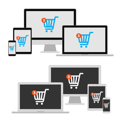 Online shopping concept. E-commerce on tablet, laptop, computer and smartphone. Shopping cart icon. Isolated devices on white background.