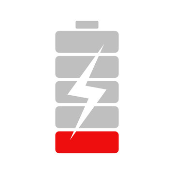 Low charge battery icon on white background. Notification icon with lightening.