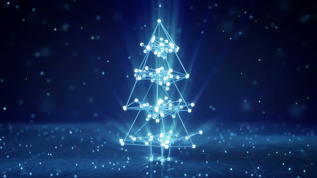 Glowing wireframe christmas tree shape. Abstract holiday 3D render. Seamless loop smooth animation with motion blur 4k (4096x2304)
