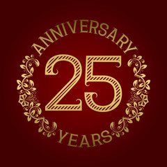 Golden emblem of twenty fifth anniversary. Celebration patterned sign on red.