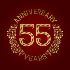 Golden emblem of fifty fifth anniversary. Celebration patterned sign on red.