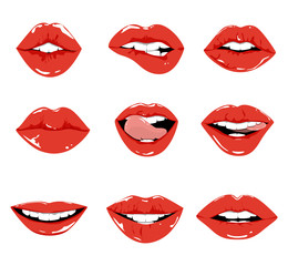 Red lips set. Sexy and glamour red lips. Make up and fashion. - obrazy, fototapety, plakaty