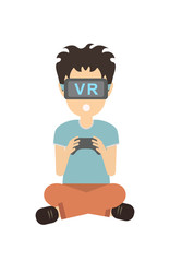 Isolated vr man. Young smiling man using vr glasses sits with gamepad. Augmented reality, new technologies. Video game.
