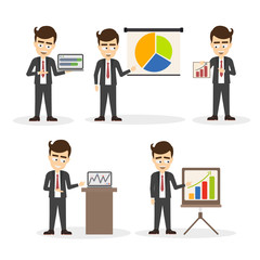 Businessman presentation set. Smiling handsome businessman with infographics and charts. Professional office worker.