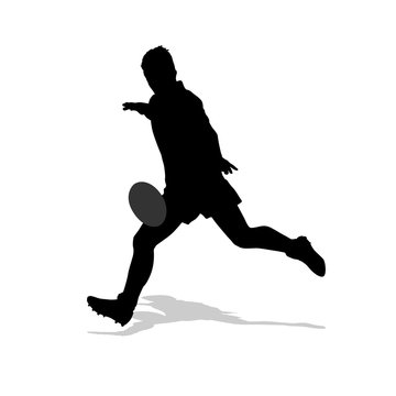 Rugby player kicking ball. Isolated vector silhouette. Team spor