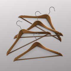 Vector Pile of Lying Clothes Coat Brown Wooden Hangers Close Up Isolated on Background