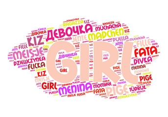 Fototapeta premium Text cloud filled by word girl in different languages. Family concept. Vector illustration.