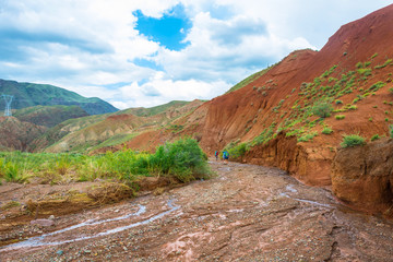 Tourists in the Aeolian mountains, Kyrgyzstan.