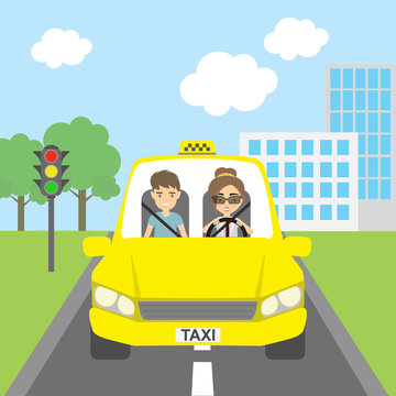 Taxi driver with passenger. Smiling people in yellow cab. Riding on the city street. Yellow car for urban service.