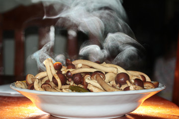 Aroma smell ,Fried Japanese mushroom in oyster sauce,home made,on selective focus.