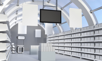 set of supermarket shelves with blank products
