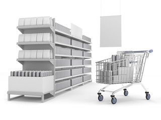 set of supermarket shelves with blank products