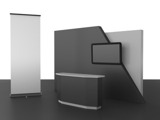 blank stand design in exhibition with tv display and roll-up