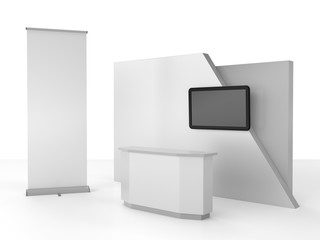 blank stand design in exhibition with tv display and roll-up