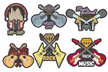 Vector colorful set of music theme emblems. Isolated badges, logos, banners or stickers with guitars, microphones and headphones in vintage style