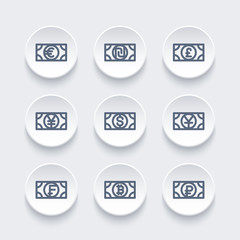 currencies line icons set, pound, dollar, franc, yen, yuan, shekel, ruble, bitcoin