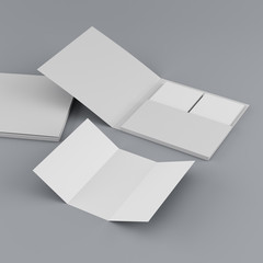 blank square format folder with tri-fold flyers