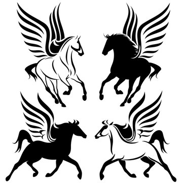 winged horses black and white design set - pegasus vector collection