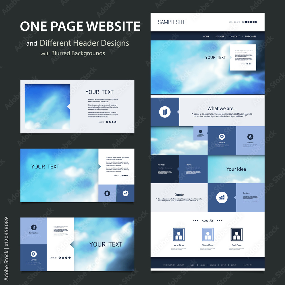 Poster one page website template and different header designs with blurred backgrounds