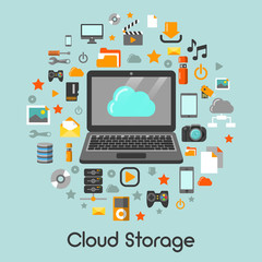 Cloud Storage Data Technology Vector Icons Set with Laptop
