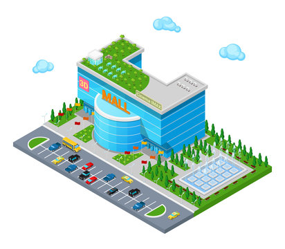 Isometric Shopping Mall Building with 3D Imax Cinema Park and Fountain. Flat 3d Vector illustration