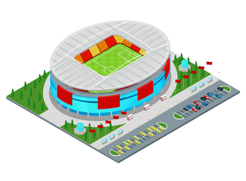 Isometric Football Soccer Stadium Building with Park and Parking Area for Cars. Flat 3d Vector illustration