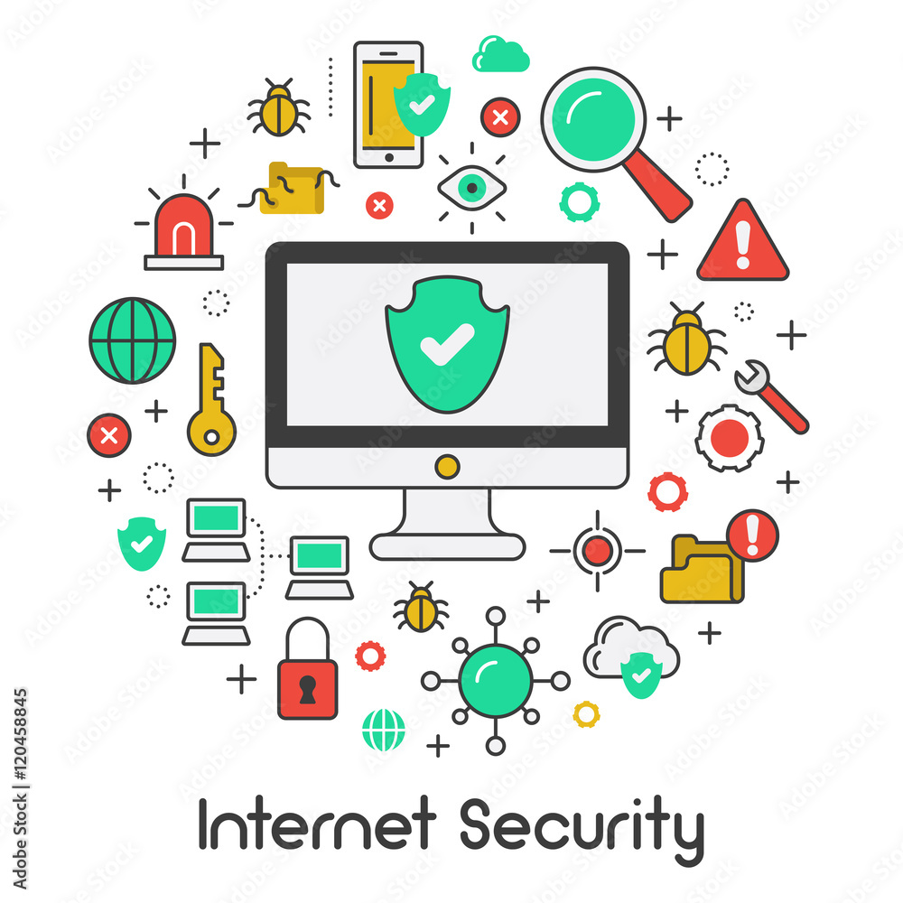 Poster internet security data protection line art thin vector icons set with computer and network viruses