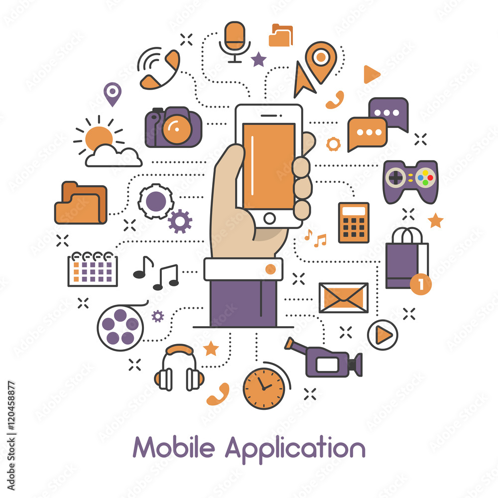 Aufkleber mobile application line art thin vector icons set with smartphone and mobile services