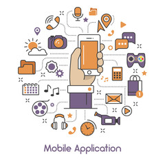 Mobile Application Line Art Thin Vector Icons Set with Smartphone and Mobile Services