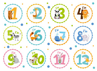 Cute birthday stickers with animals for babies