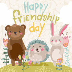 Obraz premium Cute bear, hedgehog and rabbit enjoying Friendship Day. Cartoon hand drawn illustration for your design.