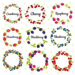 Strawberry, cherry, blueberry, blackberry, raspberry, cranberry vector wreathes