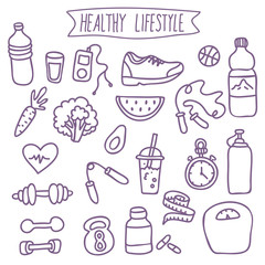 Healthy lifestyle. Vector doodle hand-drawn flat icon set, illustration