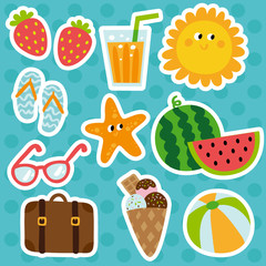 Summertime traveling template with beach summer accessories, vector illustration