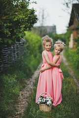 Fototapeta premium Childrens portrait girlfriends in a pink dress in the garden 661