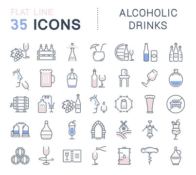 Set Vector Flat Line Icons Alcoholic Drinks