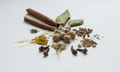 Set of spice scattered isolated on white background, angle