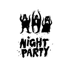 Happy halloween poster, banner, fly-er. Ghosts. Black on white. Lettering. Halloween party. Flat design vector illustration.