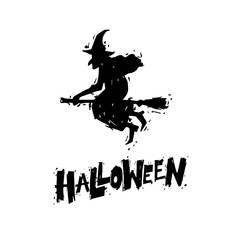 Happy halloween poster, banner, fly-er. Witch flying on a broomstick. Black on white. Lettering. Halloween party. Flat design vector illustration.
