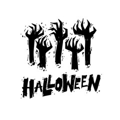 Happy halloween poster, banner, fly-er. Hand sticking out of the ground. Black on white. Lettering. Halloween party. Flat design vector illustration.